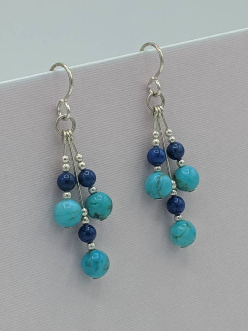 Sterling Silver Arizona Turquoise and Lapis Lazuli Earrings, Lapis and Turquoise Dangle Earrings, Handmade Gemstone Jewelry image 5