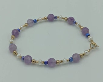 Gold-filled Amethyst and Pearl Bracelet, Stackable Beaded Bracelet, Gold-filled Beaded Bracelet
