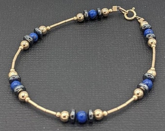 Gold filled Lapis Lazuli Bracelet or Anklet, Gemstone Beaded Bracelet, Traditional December Birthstone