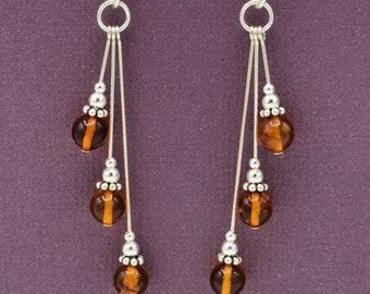 Sterling Silver Amber Earrings, Amber Beaded Earrings, Sterling Silver Dangle Earrings