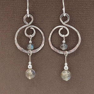 Sterling Silver Labradorite Earrings, Hammered Hoops, Handmade Gemstone Jewelry