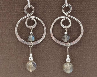 Sterling Silver Labradorite Earrings, Hammered Hoops, Handmade Gemstone Jewelry