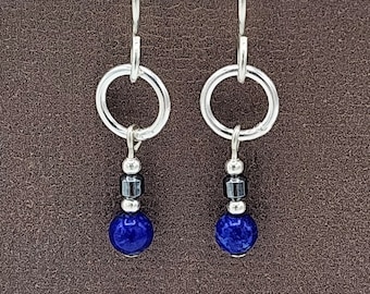 Pendientes de aro colgantes de plata de ley con lapislázuli y joyería de hematita