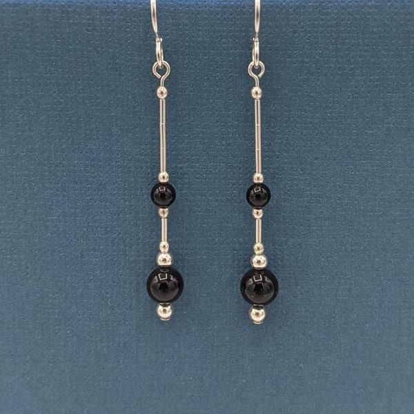Sterling Silver Long Black Onyx Earrings, Minimalist Earrings, Elegant Long Dangle Earrings