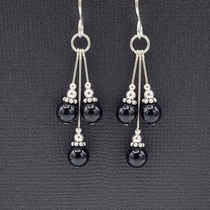 Sterling Silver Black Onyx Dangle Earrings, Onyx Beaded Earrings, Sterling Silver Dangle Earrings