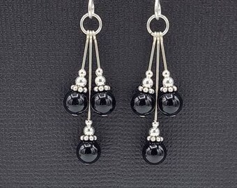 Sterling Silver Black Onyx Dangle Earrings, Onyx Beaded Earrings, Sterling Silver Dangle Earrings