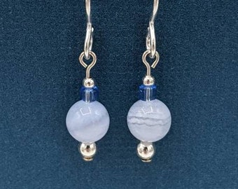 Sterling Silver Blue Lace Agate Earrings, Handmade Beaded Earrings, Sterling Silver Dangle Earrings