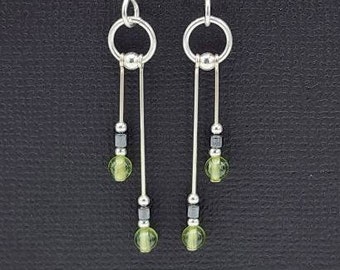 Sterling Silver Peridot Dangle Earrings, Hematite Beads