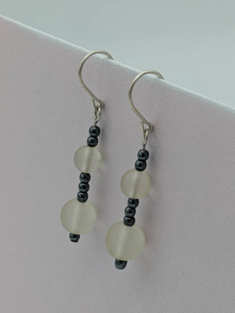 Sterling Silver Frosted Glass and Hematite Dangle Earrings image 3