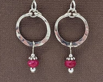 Sterling Silver Ruby Earrings, Handmade Hammered Hoops, Gemstone Dangle Earrings, July Birthstone