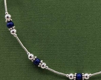 Sterling Silver Lapis Lazuli Necklace, Lapis Lazuli Beaded Necklace, Handmade Gemstone Necklace