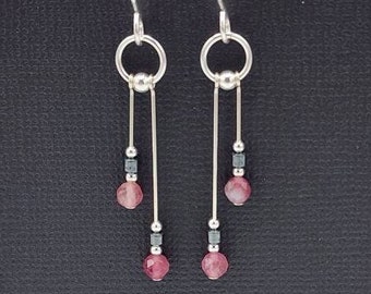 Sterling Silver Pink Tourmaline Earrings, Asymmetrical Dangle Earrings, Tourmaline and Hematite Earrings