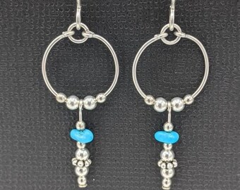 Sterling Silver Sleeping Beauty Turquoise Earrings, Arizona Turquoise Earrings, Sterling Silver Hoop Dangle Earrings