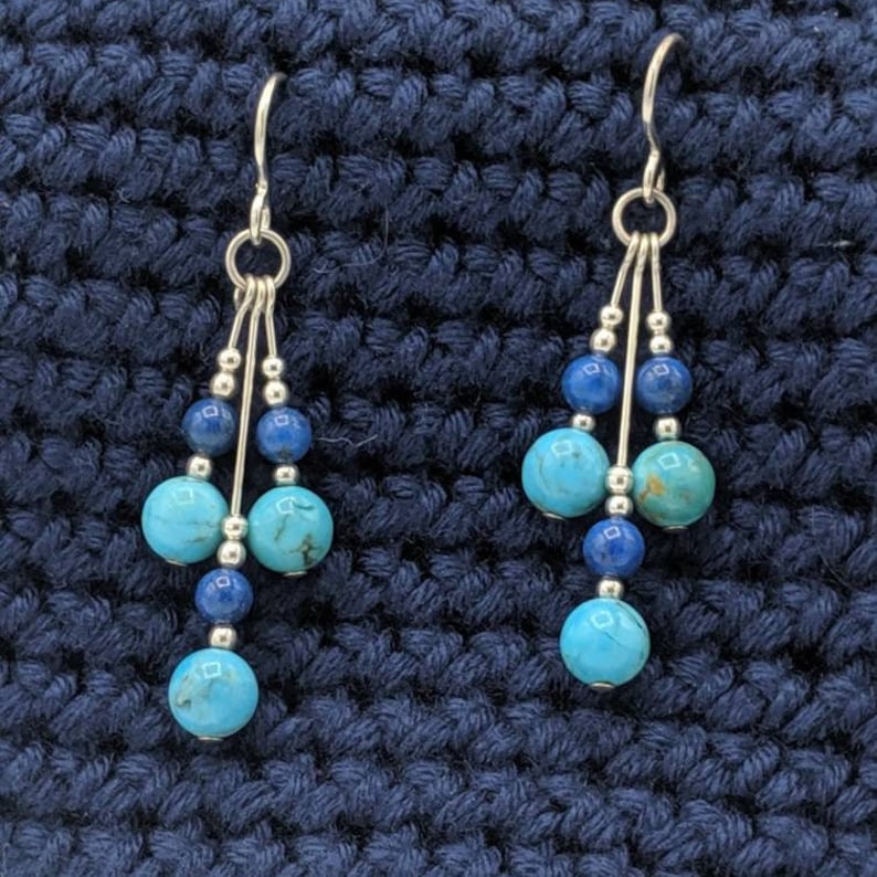 Sterling Silver Arizona Turquoise and Lapis Lazuli Earrings, Lapis and Turquoise Dangle Earrings, Handmade Gemstone Jewelry image 2