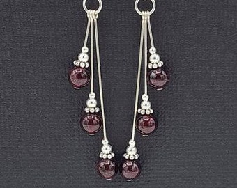 Sterling Silver Garnet Dangle Earrings, Asymmetrical Beaded Design