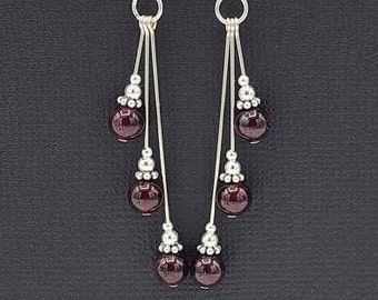 Sterling Silver Garnet Earrings, Asymmetrical Earrings, Garnet Beaded Earrings