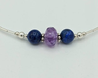 Sterling Silber Lapis Lazuli Halskette, Lapis und Amethyst Halskette, Edelstein Perlen Choker Halskette