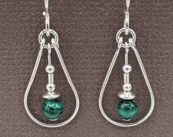 Sterling Silver Malachite Earrings, Small Wirework Teardrop Earrings, Gemstone Dangle Jewelry