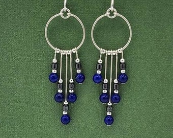 Sterling Silver Lapis Lazuli Earrings, Handmade Hoop Earrings, Five Dangle Gemstone Earrings