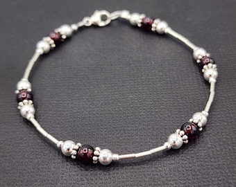 Pulsera o tobillera de granate de plata esterlina, piedra natal de enero