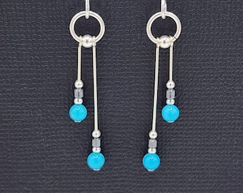 Sleeping Beauty Turquoise Dangle Earrings, Sterling Silver Hematite Beads