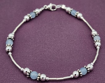 Sterling Silver Aquamarine Bracelet or Anklet, Smooth Round Aquamarine Beaded Jewelry, March Birthstone