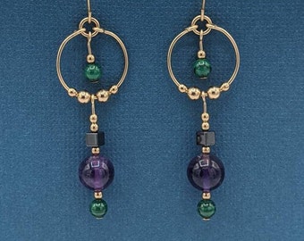 Gold Filled Hoop Dangle Earrings, Malachite, Amethyst, Hematite