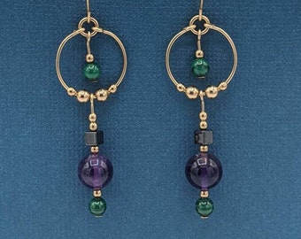 Gold-filled Malachite Amethyst and Hematite Earrings, Gold Hoop Dangle Earrings, Gemstone Earrings