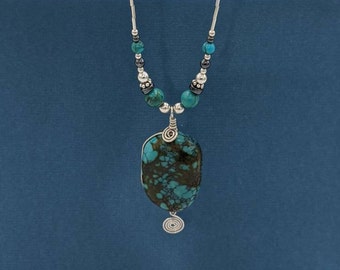 Sterling Silver Chinese Turquoise Necklace, Gemstone Pendant Necklace, Handmade Jewelry