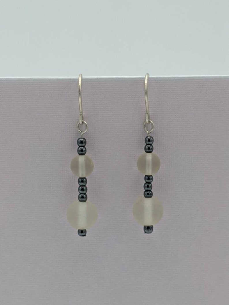 Sterling Silver Frosted Glass and Hematite Dangle Earrings image 2