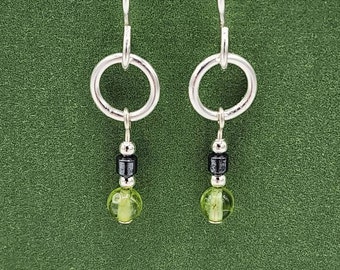 Tiny Sterling Silver Peridot Earrings, Minihoop Dangle Earrings, Handmade Peridot Jewelry