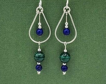 Sterling Silver Lapis Lazuli and Malachite Earrings, Teardrop Dangle Earrings, Handmade Gemstone Earrings