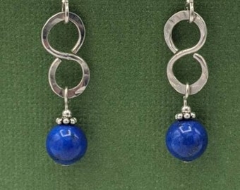 Sterling Silver Lapis Lazuli Earrings, Hammered Sterling Silver, Handmade Infinity Gemstone Earrings