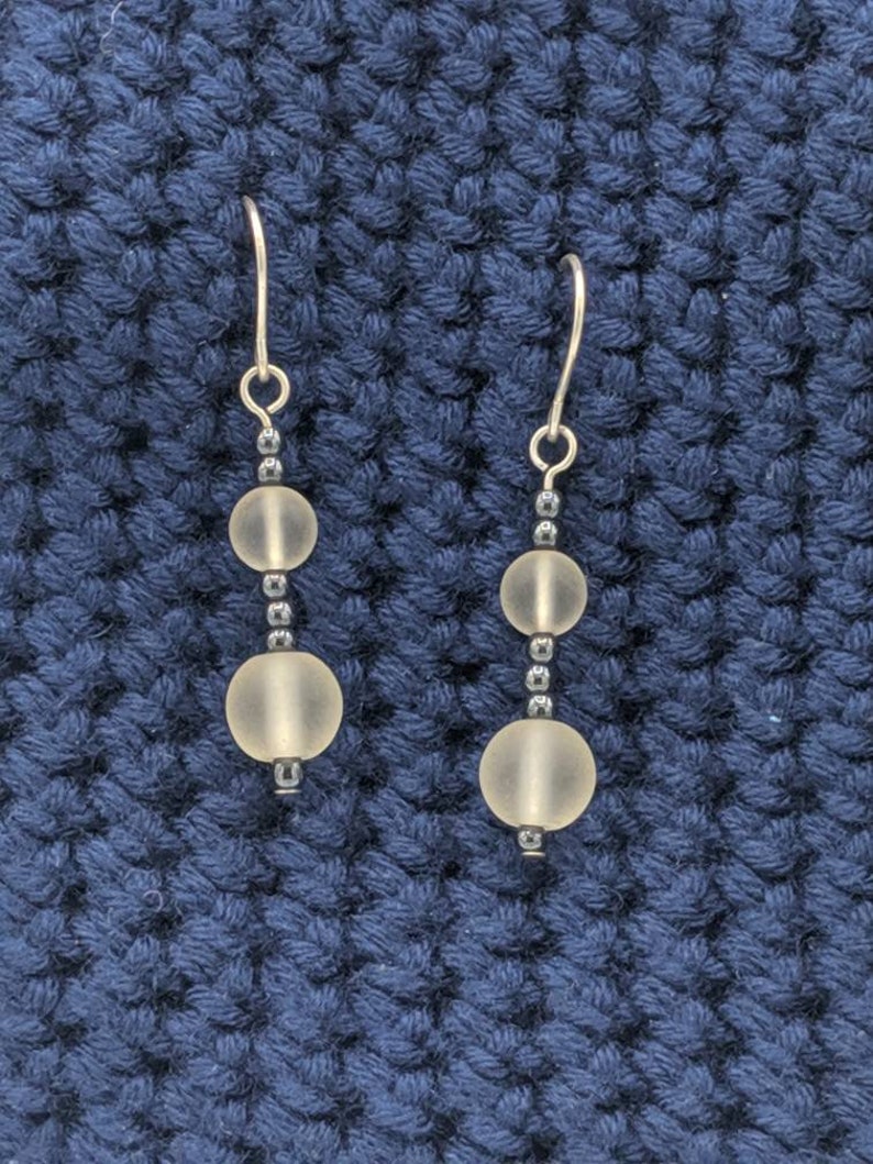 Sterling Silver Frosted Glass and Hematite Dangle Earrings image 1