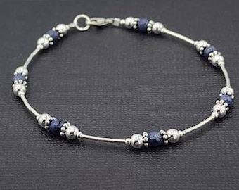 Pulsera o tobillera de zafiro en plata de ley, piedra natal de septiembre