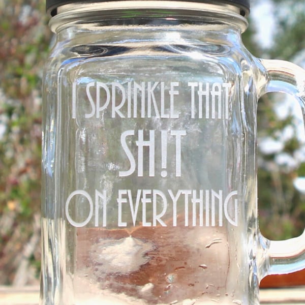 16 oz spice shaker jar with handle, I Sprinkle that Sh!t on everything etched Mason jar spice shaker, Father's Day Gift, Gift for him