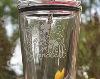 Engraved Floral Drinking glass, 16 oz pub glass, Monogrammed glasses, Rose, Sunflower, Daisy, Hibiscus, Pansy, Tulips, Personalized