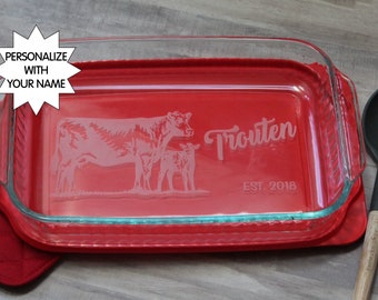 Personalized pyrex dish, Custom casserole dish, Gift for baker custom, Angus Cows, by Julies homemade Jems