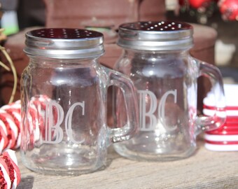 Custom etched Mason Jar salt and pepper shakers, Minimalist, Monogrammed Salt & Pepper Shakers, Glass Jar