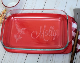 Personalized Pan, Hummingbird plate, Engraved baking dish, Custom Bird watcher gift, by Julies Homemade Jems