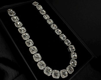 Unisex Silver Tennis Chain Necklace - Square Cut Crystal Rhinestone Jewelry - Iced Out Chain Bridal Necklace - Premium Jewelry Box - Wedding