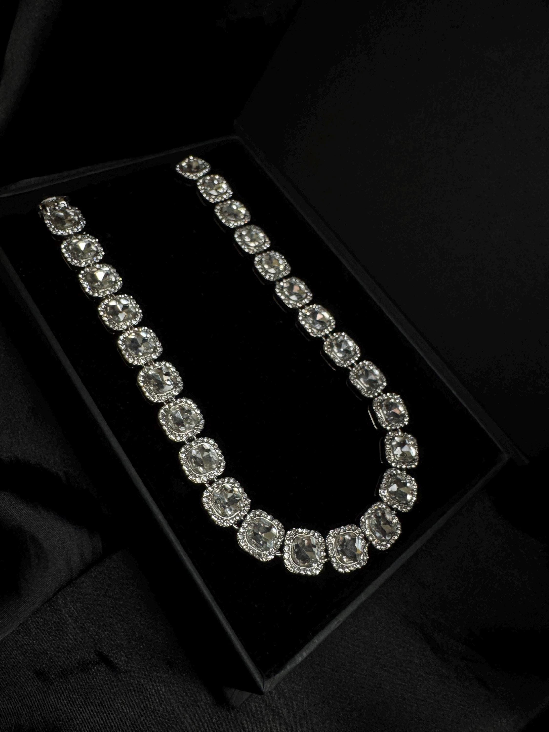 Unisex Silver Tennis Chain Necklace - Square Cut Crystal Rhinestone Jewelry - Iced Out Chain Bridal Necklace - Premium Jewelry Box - Wedding