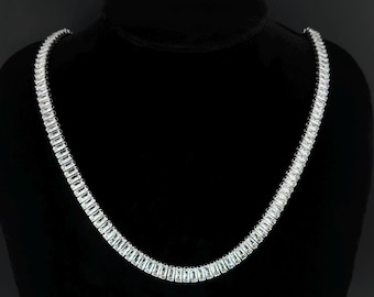 Baguette Diamond Tennis Chain Necklace - Sparkling Cubic Zirconia Silver Tennis Choker - Wedding Jewelry - Statement Necklace - Luxury Gift