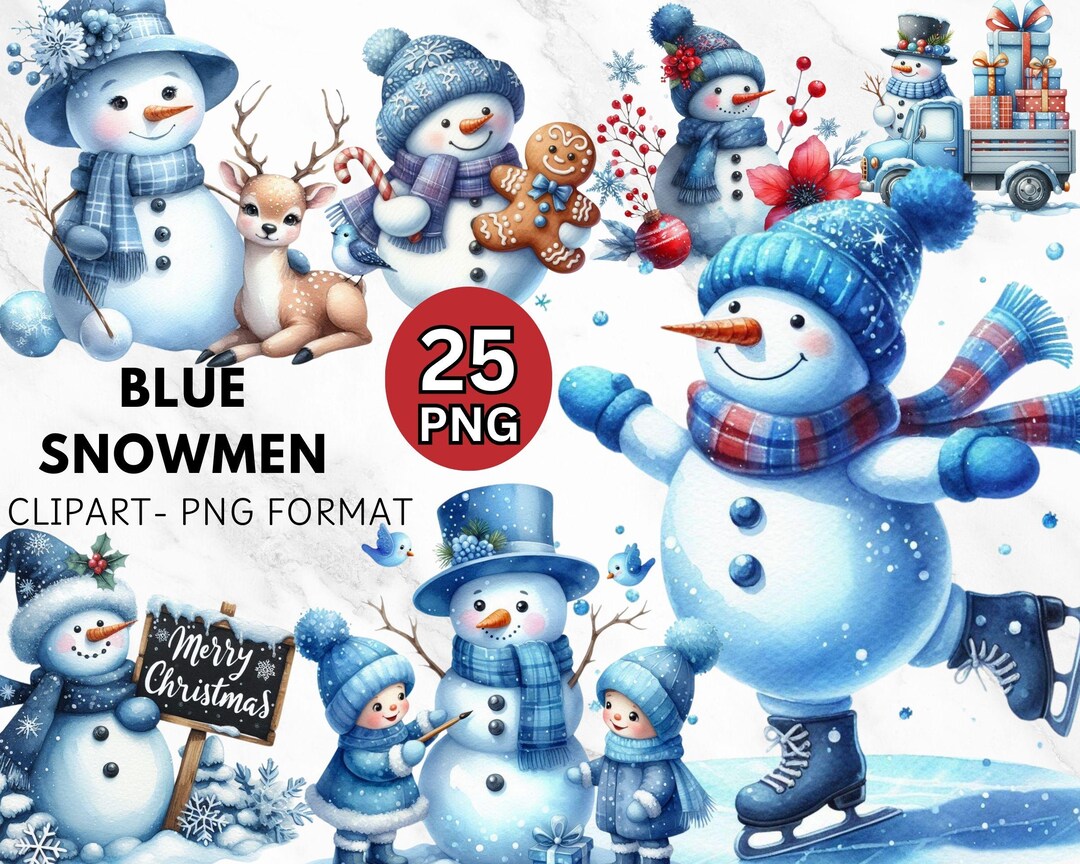 Blue Snowman Clipart Bundle, Cute Snowman Family PNG, Winter PNG ...