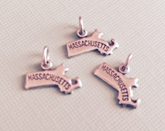 Massachusetts State Charm Pendant with Loop, Antique Silver, Great for Charm Bracelets, Necklaces, Earrings