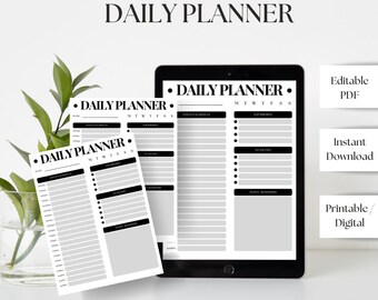 Bewerkbare pdf-dagplanner | Afdrukbare minimalistische takenlijst | Digitale plannersjabloon | Productiviteitsorganisator | Direct downloaden
