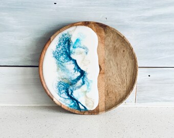 Resin Art | Epoxy Resin, Wooden Tray | Trinket Tray | Beach, Ocean Wave | Home Decor