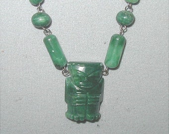 Mexican Natural Green Stone Mayan Figure Necklace