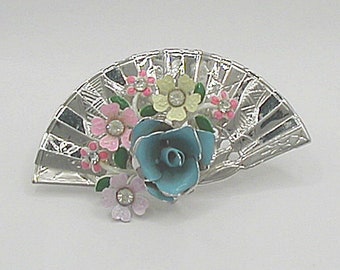 Vintage Coro Fan Brooch Silver Tone With Flowers