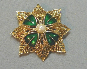 pearlescent enamel and silk Vintage MONET moonglow flower brooch with rhinestones